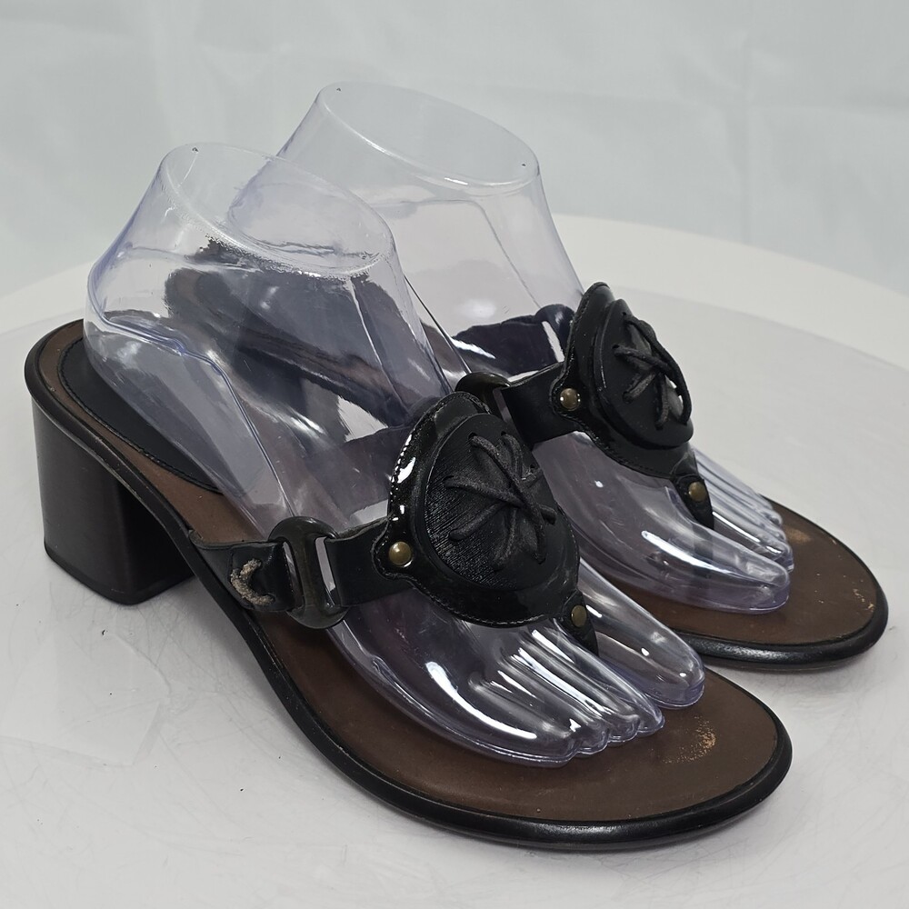 Vintage Cole Haan Antonia Thong Sandals Women 9 Black Leather Chunky Boho Heels